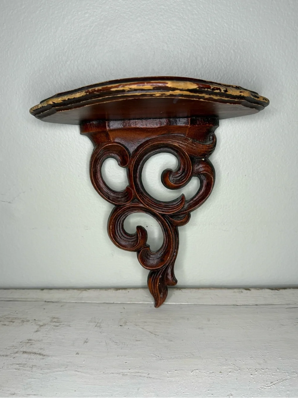 Hand carved Solid Wood Floral Design Wall Mounted Floating Shelf Bracket Burnt